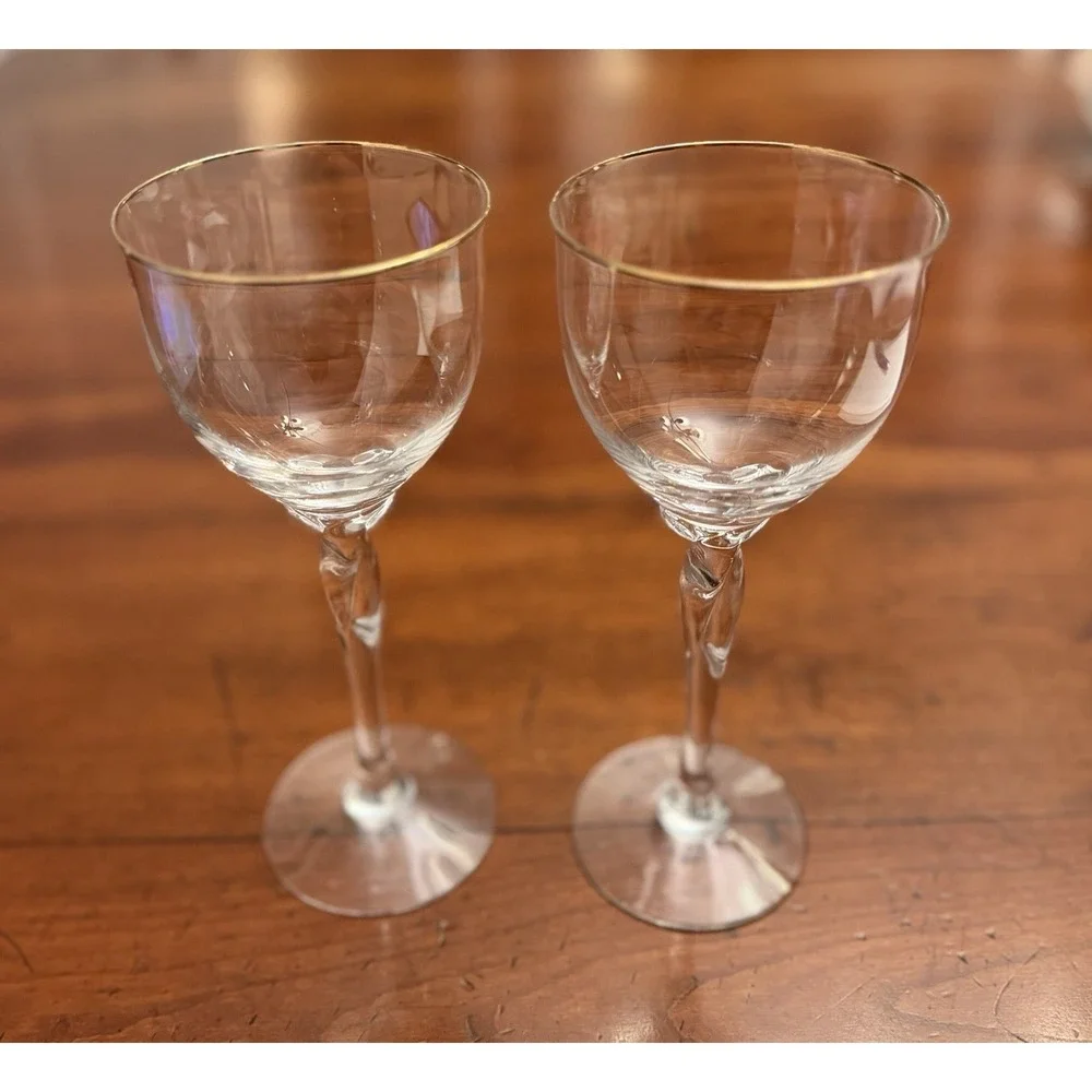 Vintage Lenox Unity Gold Crystal Wine Glasses - Pair of 2‎ Gold Rim Twisted Stem